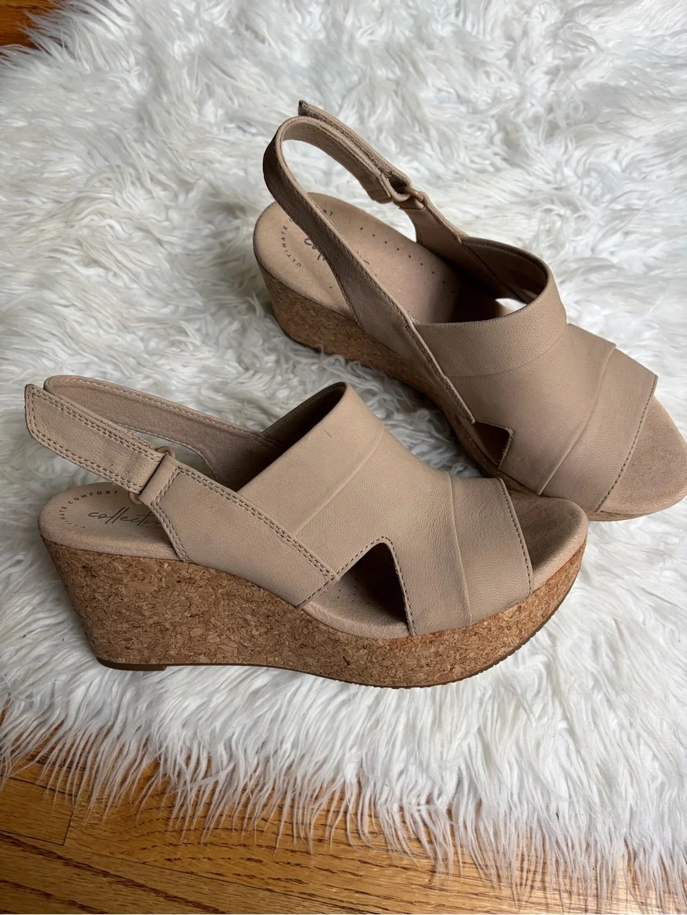 Clarks Annadel Ivory Beige/Tan Cork Platform Wedge Sandals